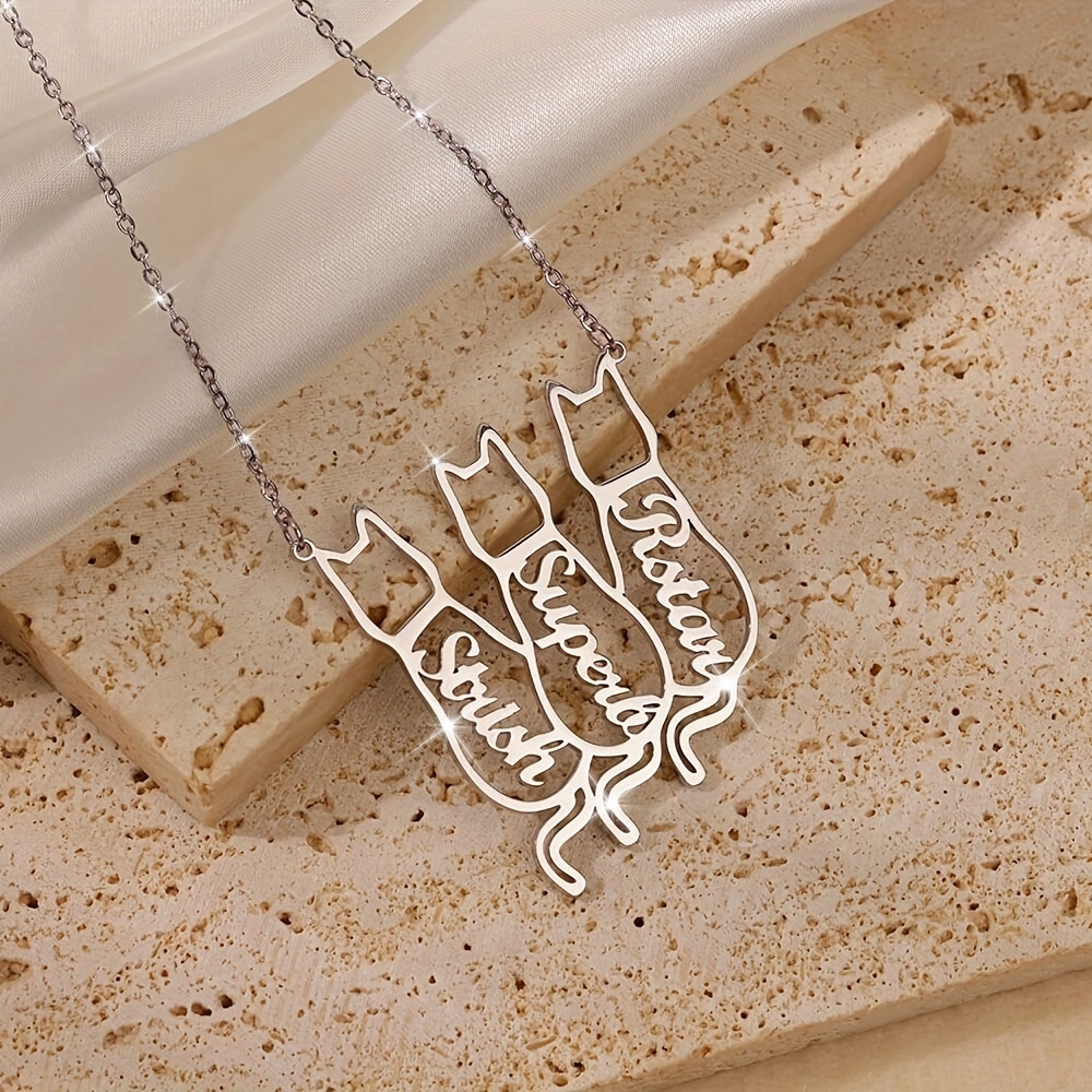 Custom Hollow Cat Silhouette Stainless Steel Necklace With English Names